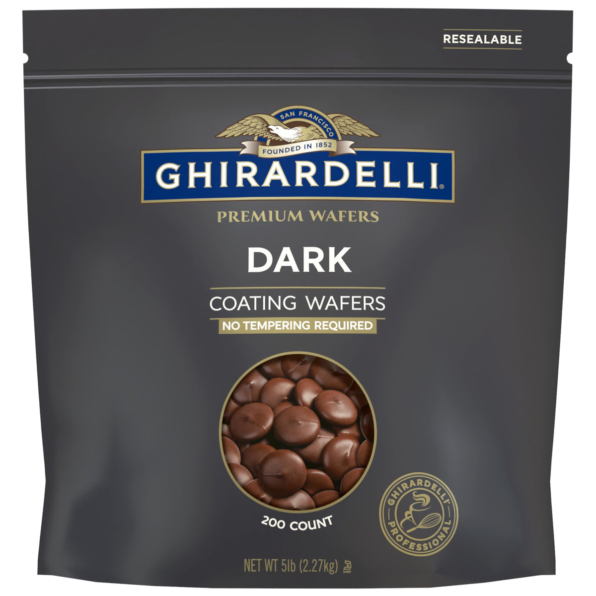 Ghirardelli Premium Dark Coating Wafers in a 5lb bag ready for professional use in the kitchen