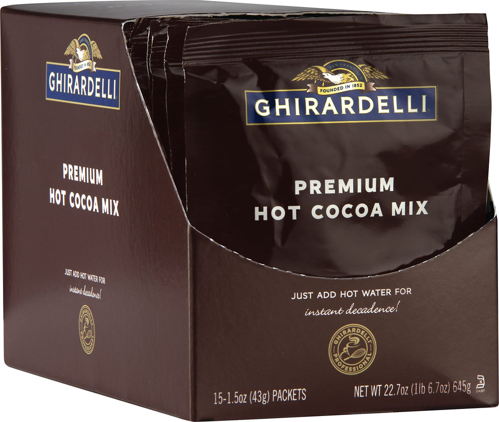 Ghirardelli Premium Hot Cocoa envelopes box of 15 for quick, rich cups.