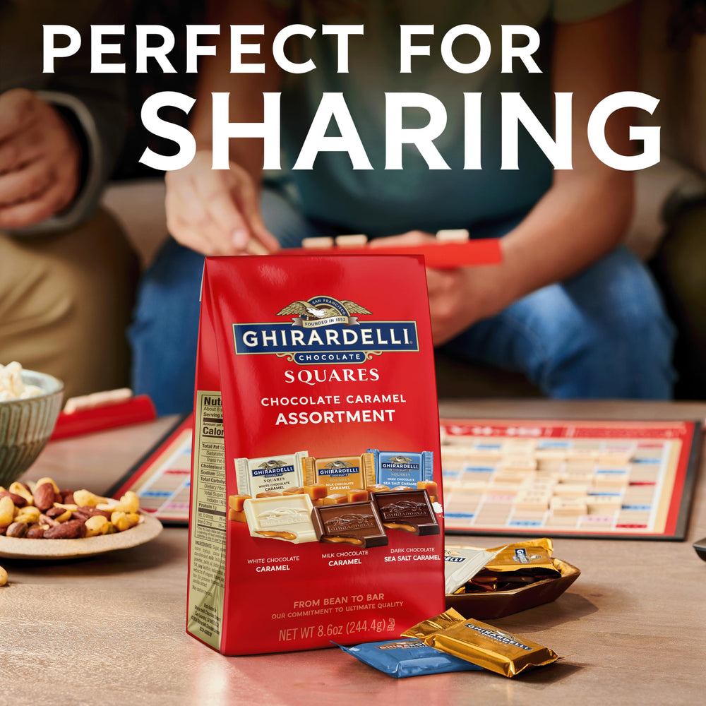 Ghirardelli premium ingredients and cocoa beans highlighted in chocolate.