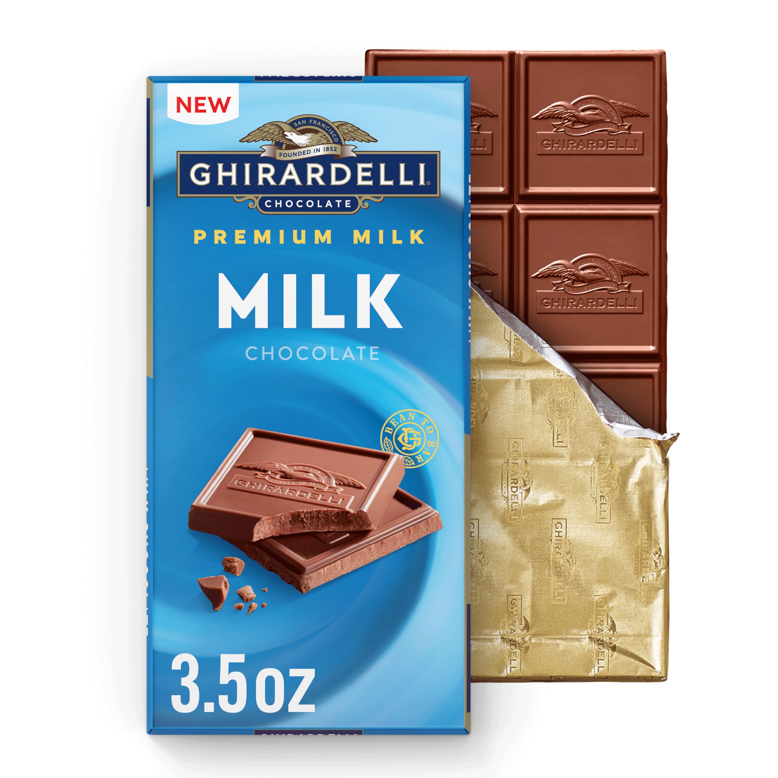Ghirardelli Premium Milk Chocolate Bar unwrapped, melt-in-your-mouth indulgence.