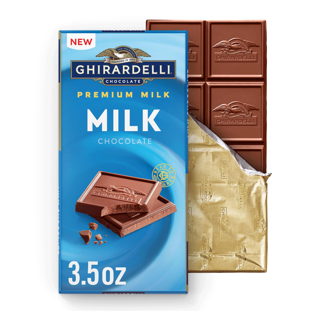 Ghirardelli Premium Milk Chocolate Bar unwrapped, melt-in-your-mouth indulgence.