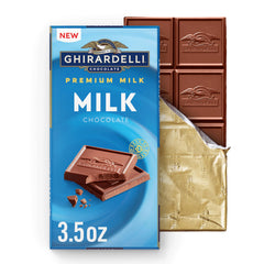 Ghirardelli Premium Milk Chocolate Bar unwrapped, melt-in-your-mouth indulgence.