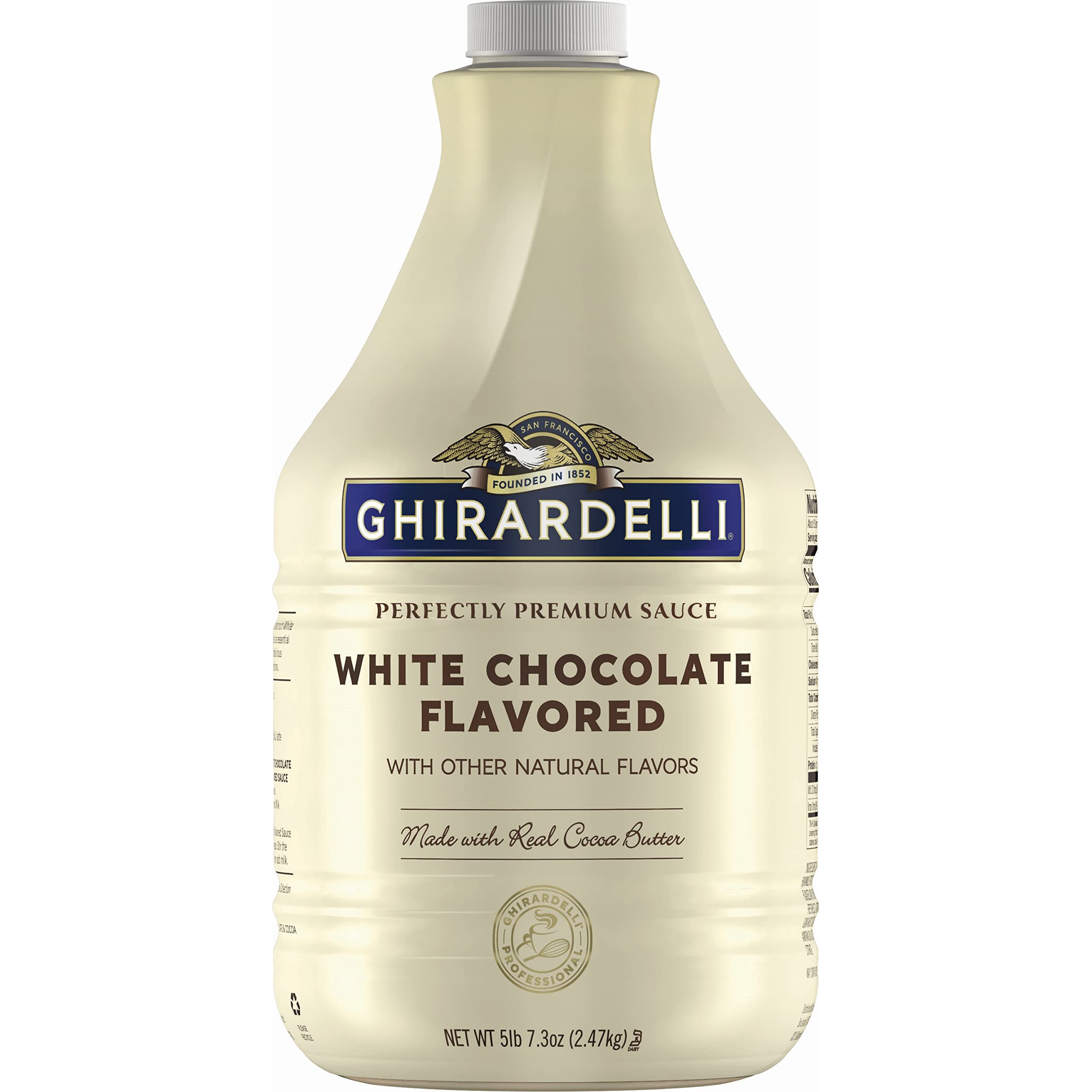 Ghirardelli white sauce bottle pour showing creamy texture for beverages
