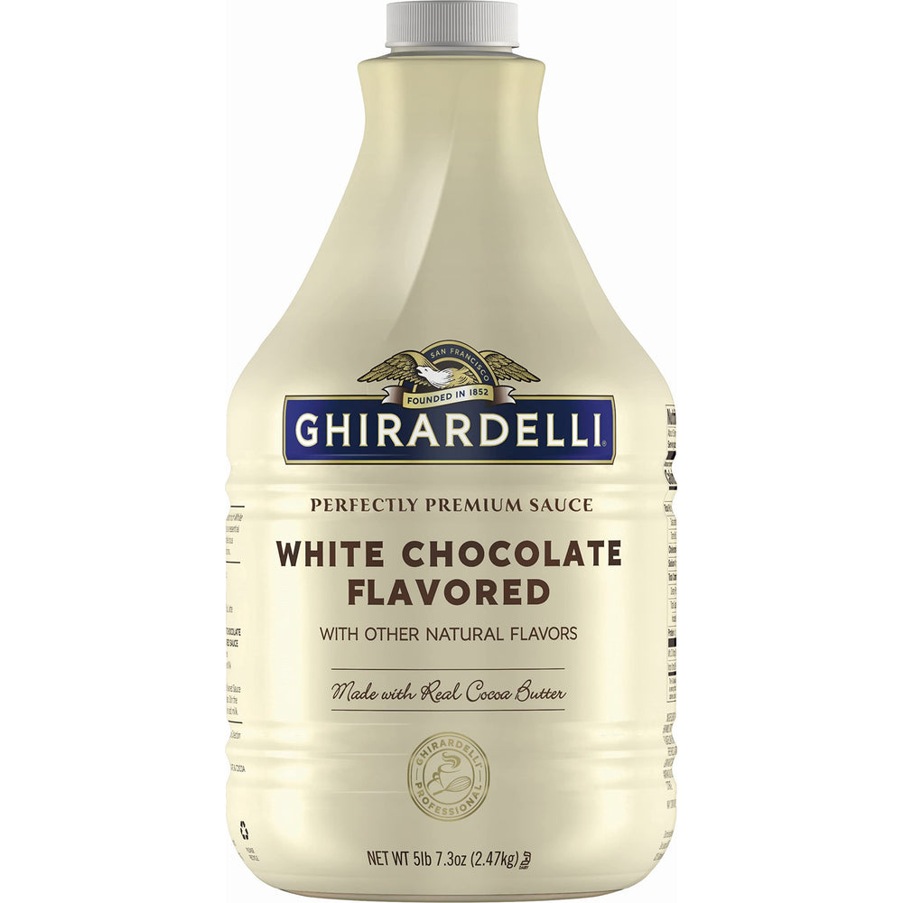 Ghirardelli white sauce bottle pour showing creamy texture for beverages