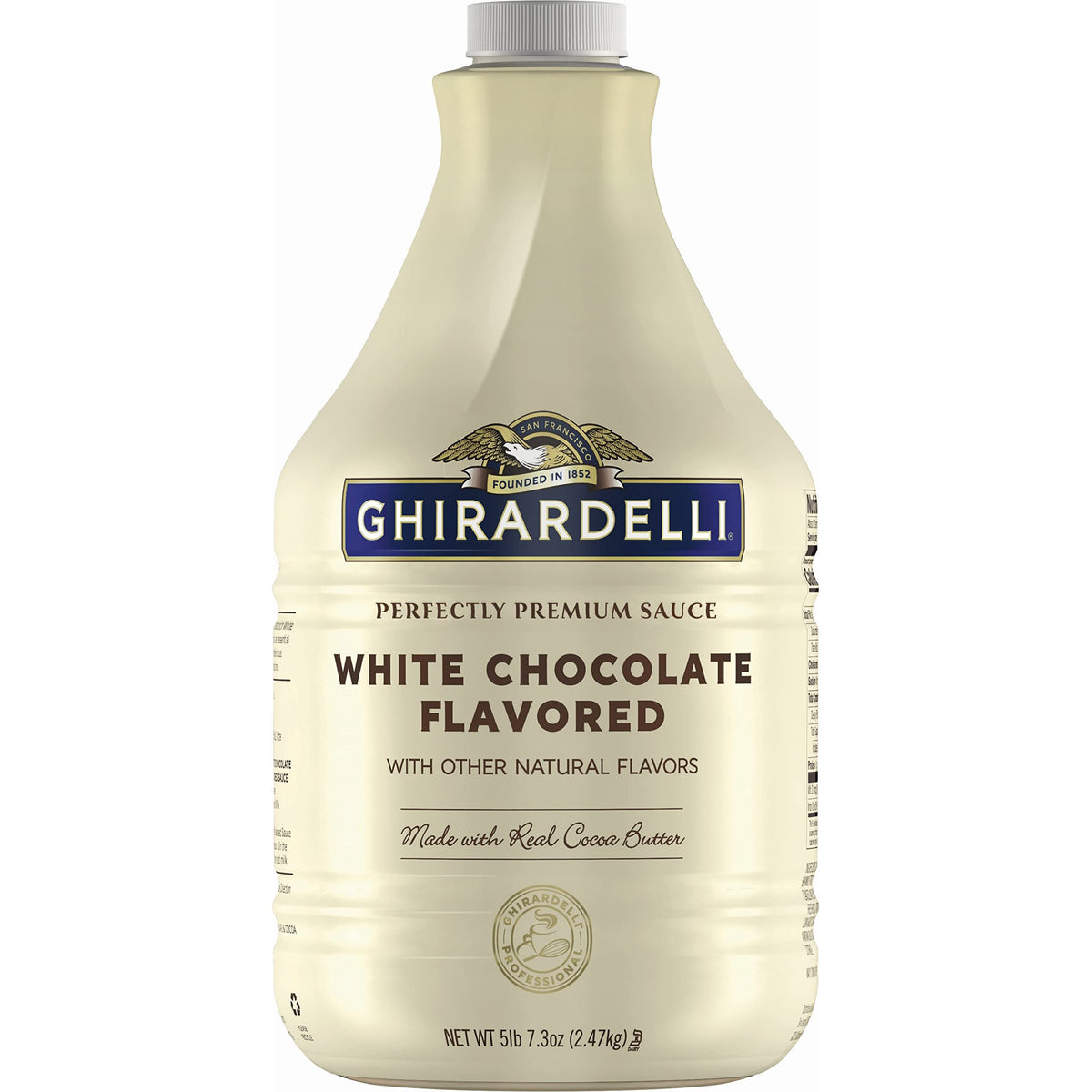 Ghirardelli white sauce bottle pour showing creamy texture for beverages