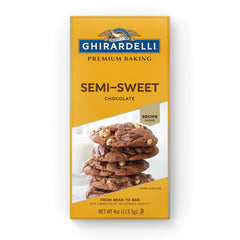 Ghirardelli premium semi-sweet baking bar ready to melt into desserts.