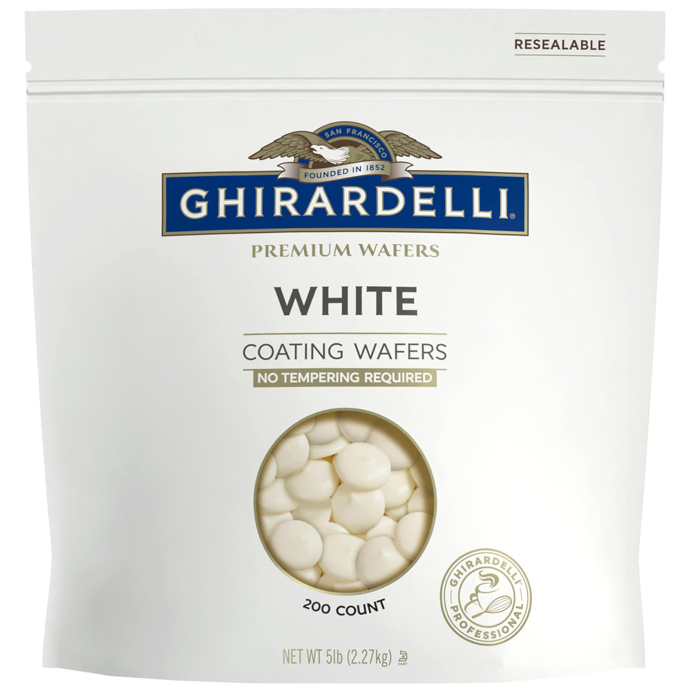 Ghirardelli Premium White Coating Wafers 5lb bag for smooth dipping and enrobing.