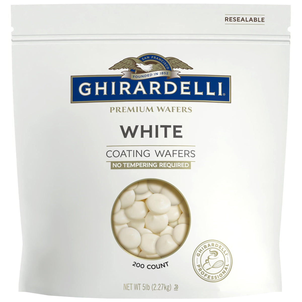 Ghirardelli Premium White Coating Wafers 5lb bag for smooth dipping and enrobing.