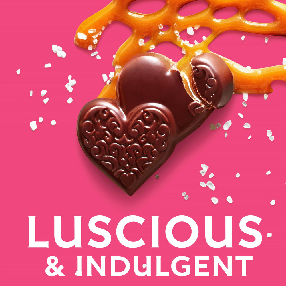 Rich caramel-filled dark chocolate hearts with a smooth center