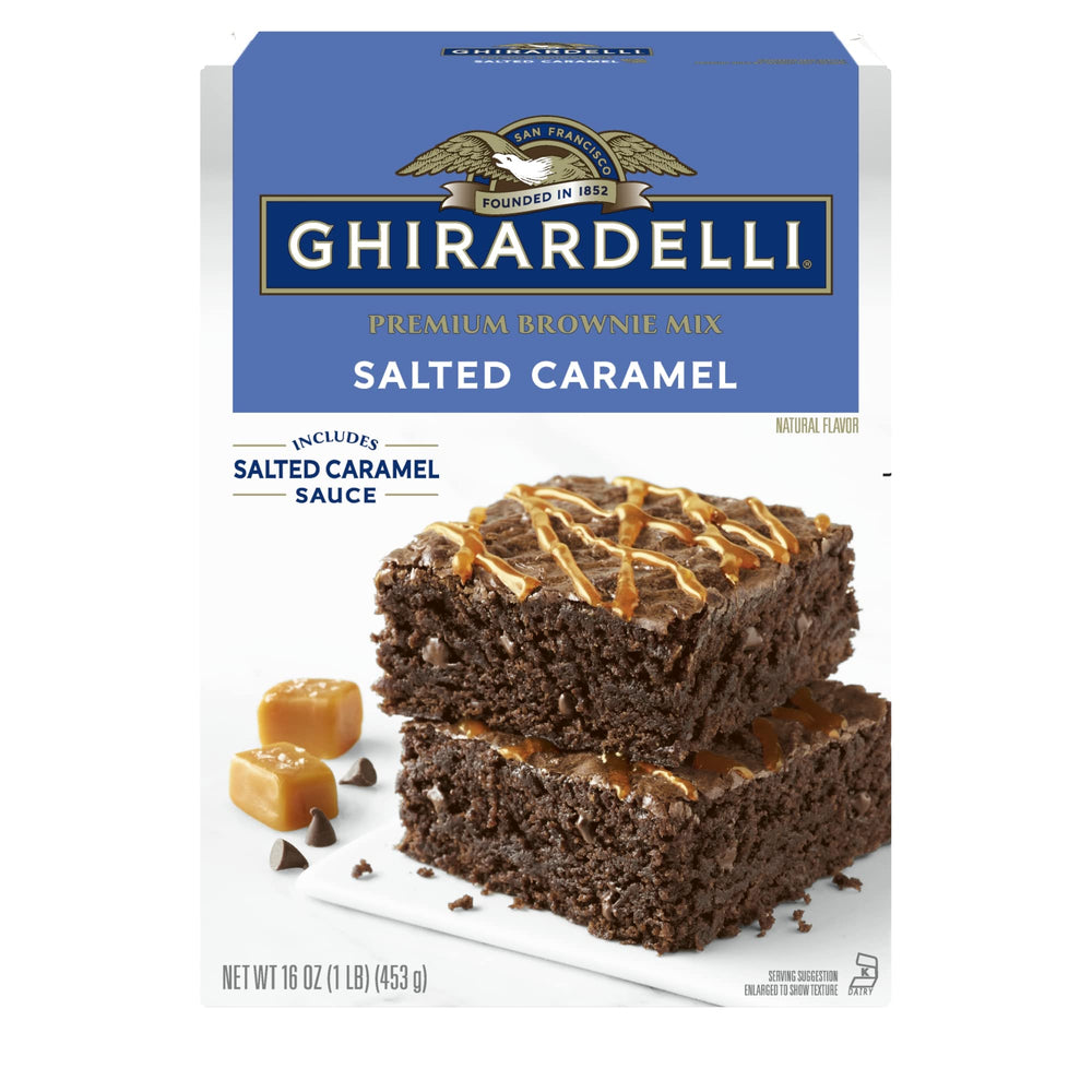 Ghirardelli Salted Caramel Premium Brownie Mix close-up caramel swirl