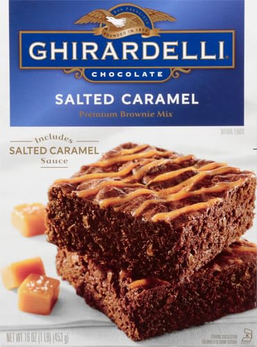 Ghirardelli Salted Caramel Premium Brownie Mix measuring cups scene suggests simple prep