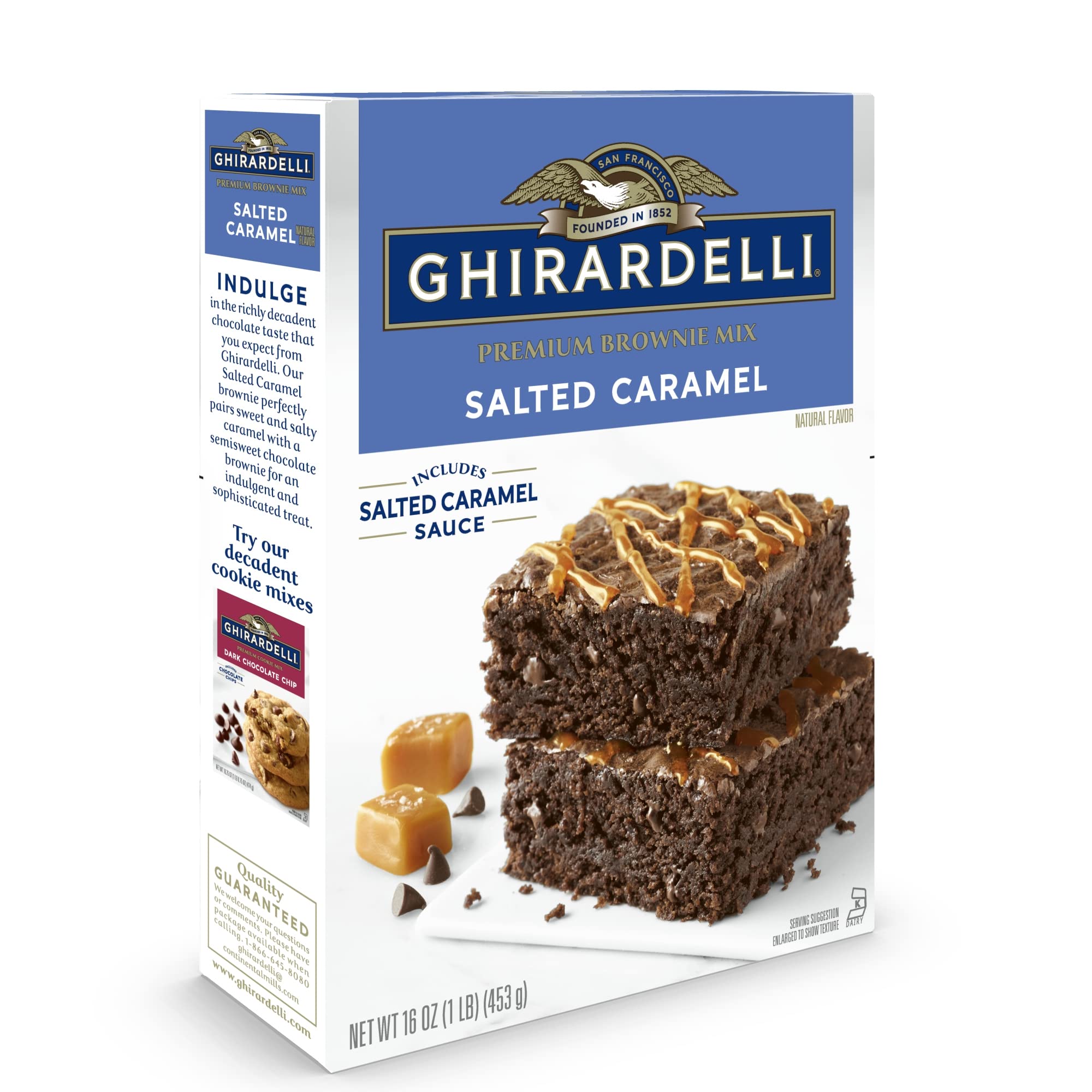 Ghirardelli Salted Caramel Premium Brownie Mix fully baked slice on plate