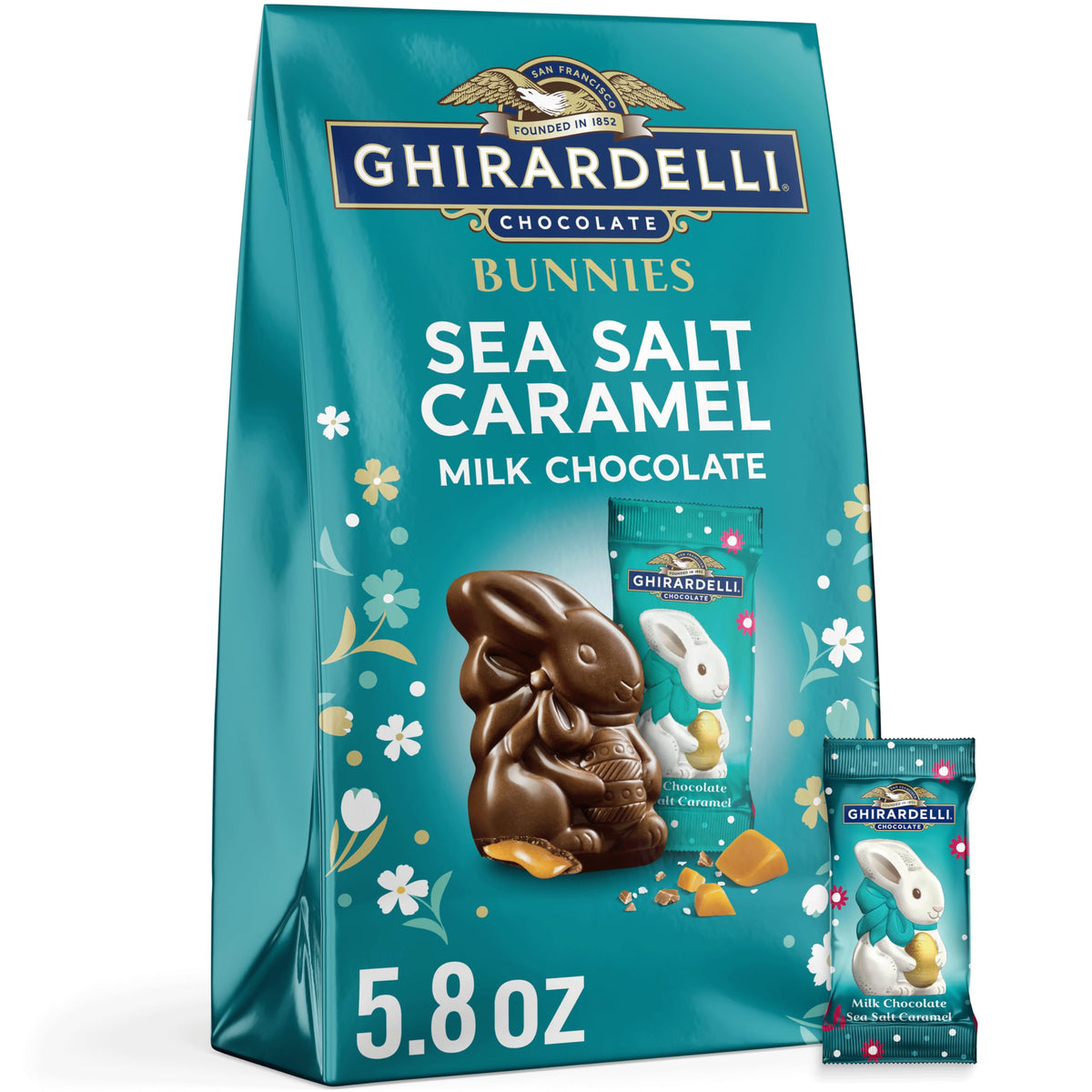 GHIRARDELLI Sea Salt Caramel Milk Chocolate Bunnies in bag, ideal for gifting and sharing.