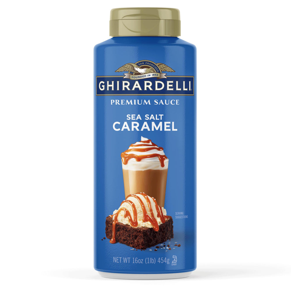 GHIRARDELLI Sea Salt Caramel Sauce bottle close-up for rich dessert drizzle