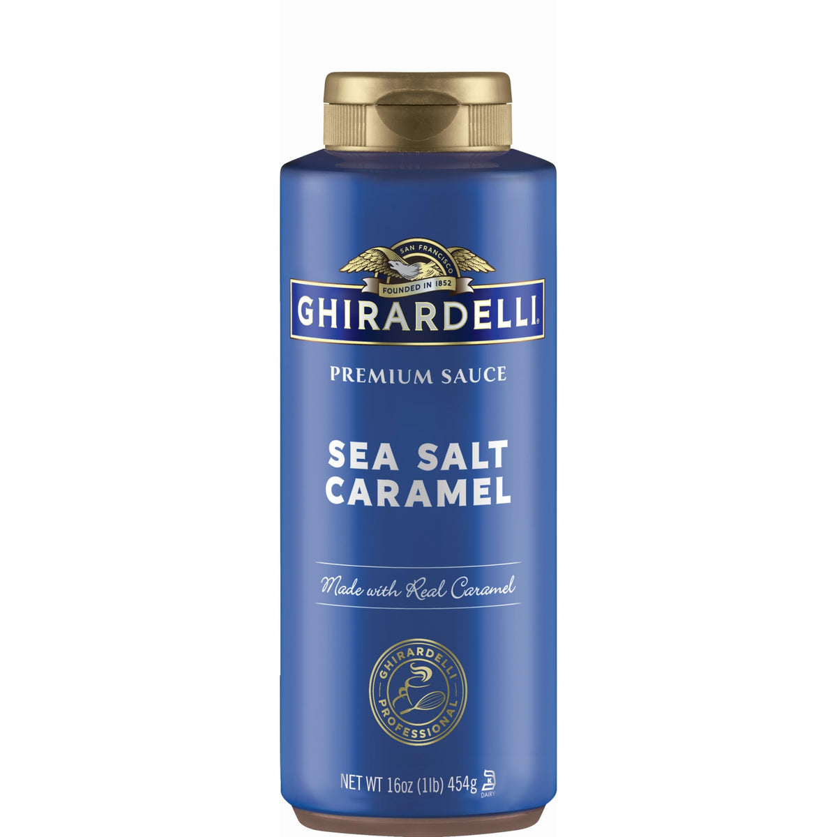 Ghirardelli sea salt caramel sauce bottle ideal for pouring on desserts