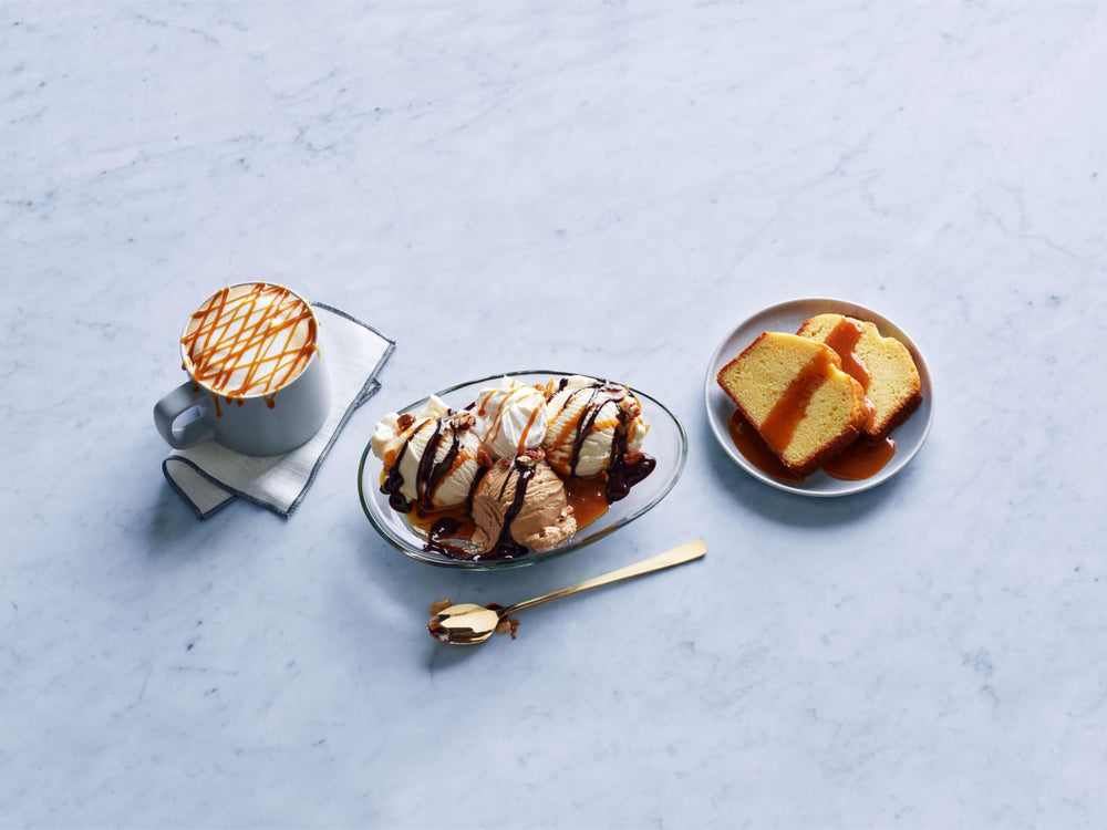 Ghirardelli sea salt caramel sauce on a dessert plate for presentation