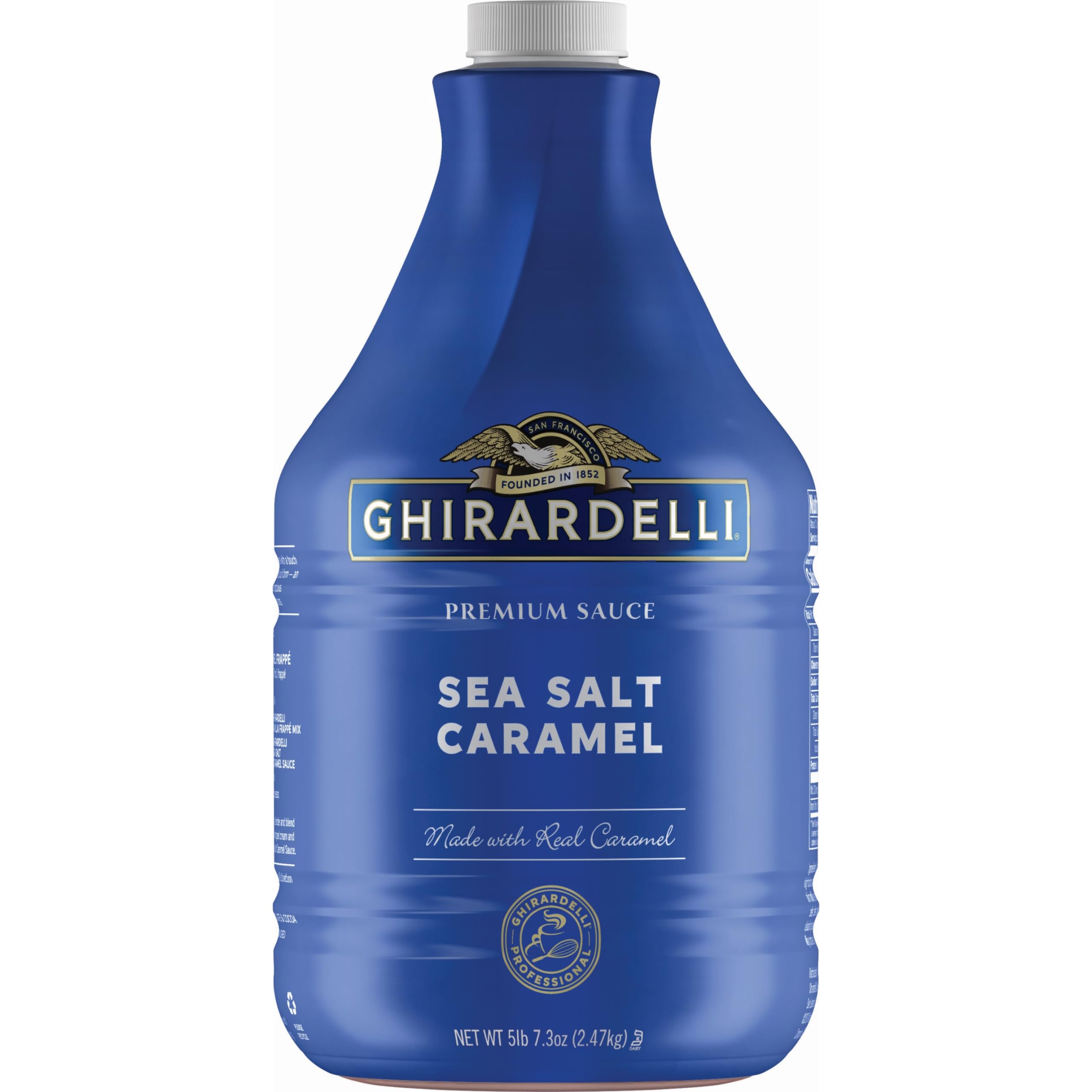 Ghirardelli Sea Salt Caramel Sauce pump bottle front view for easy dessert topping.