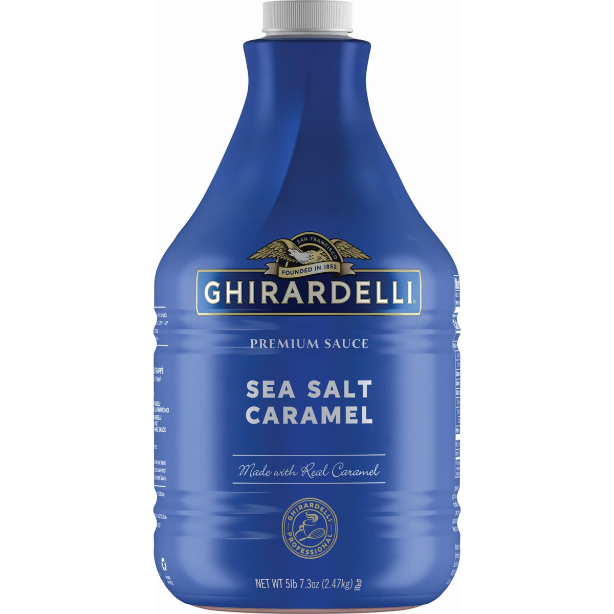 Ghirardelli Sea Salt Caramel Sauce pump bottle front view for easy dessert topping.