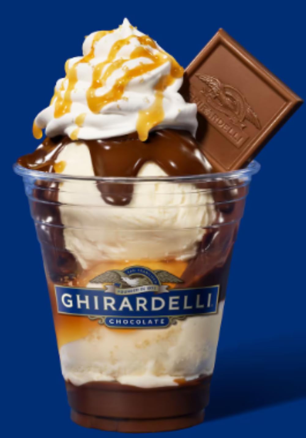 Ghirardelli pump with dessert plate highlights quick dispensing.