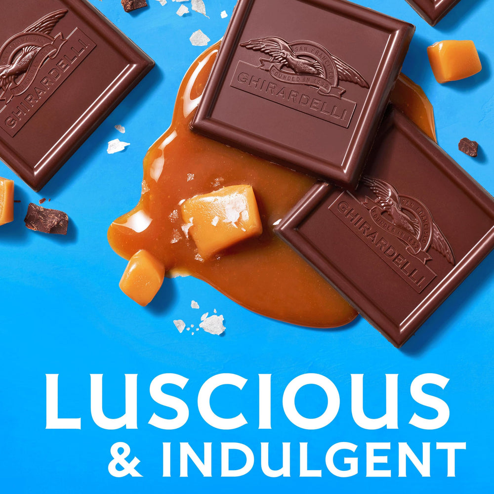 Ghirardelli Sea Salt Caramel Square Bar broken into squares for sharing