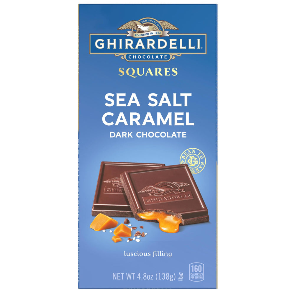 Ghirardelli Sea Salt Caramel Square Bar packaging signals gift-ready indulgence