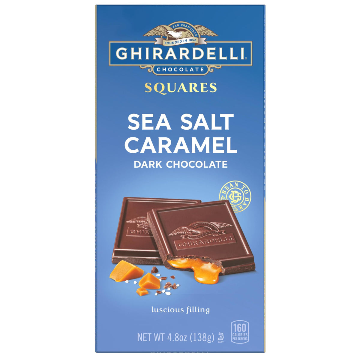 Ghirardelli Sea Salt Caramel Square Bar packaging signals gift-ready indulgence