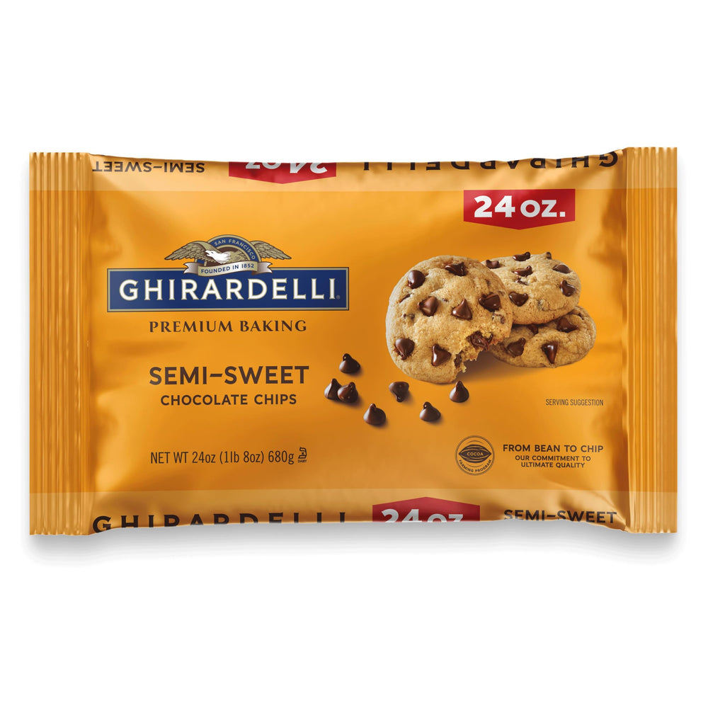 Ghirardelli semi-sweet baking chips in bag for versatile baking.