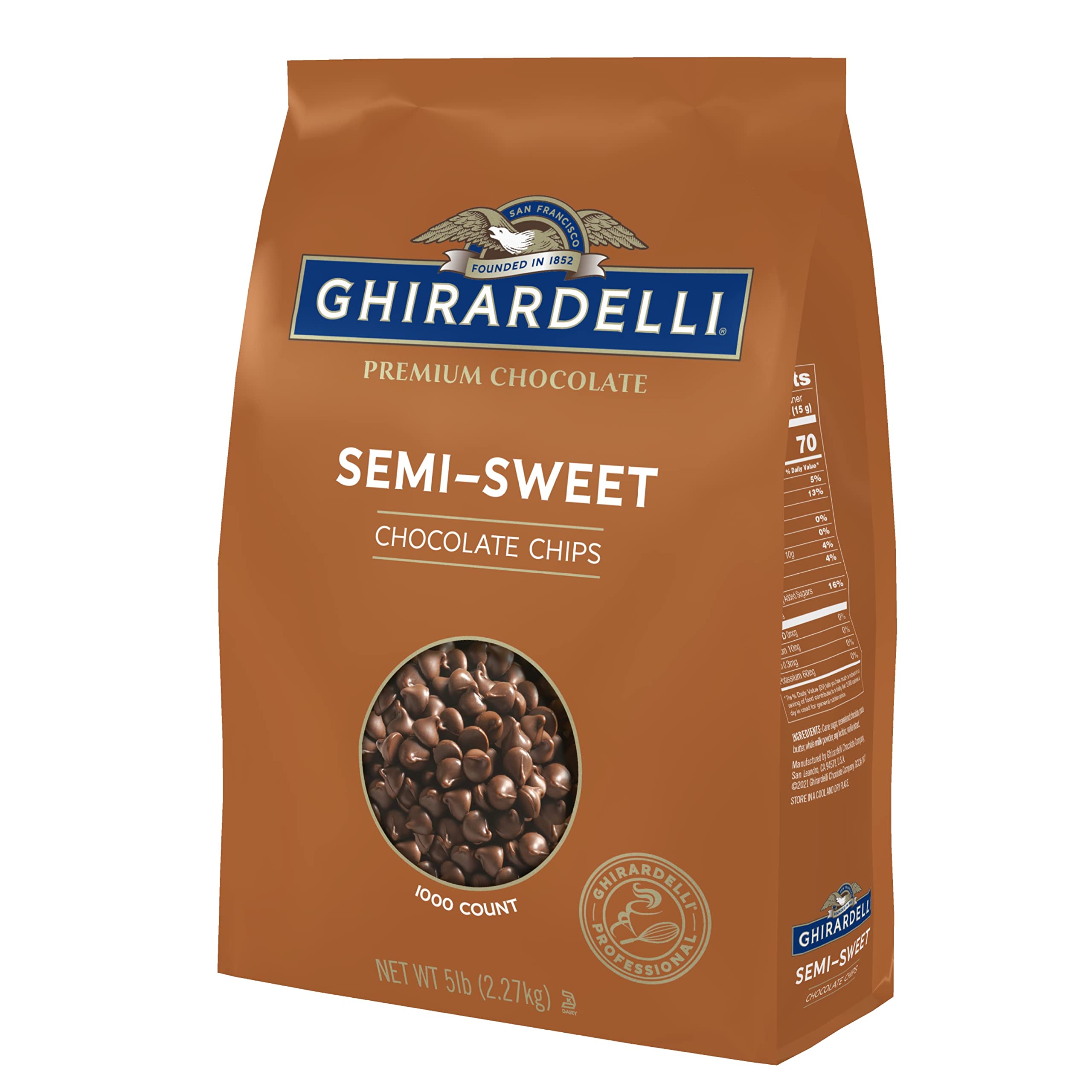 Ghirardelli semi-sweet chips bag closeup for premium baking ingredients
