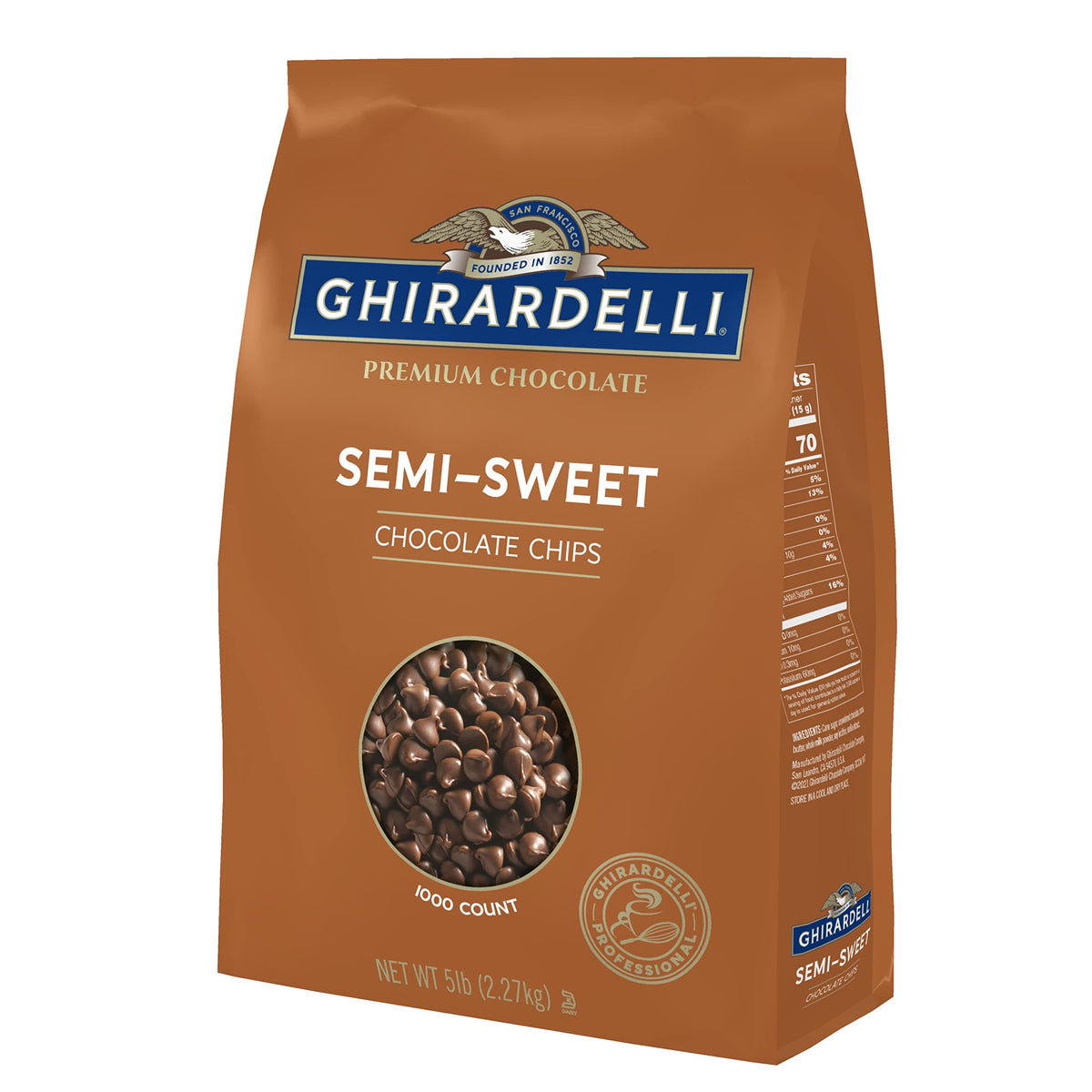 Ghirardelli semi-sweet chips bag closeup for premium baking ingredients