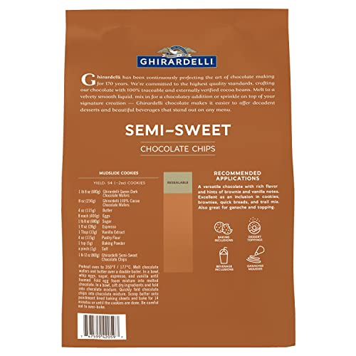 Ghirardelli semi-sweet chips in a mixing bowl for cookies and brownies