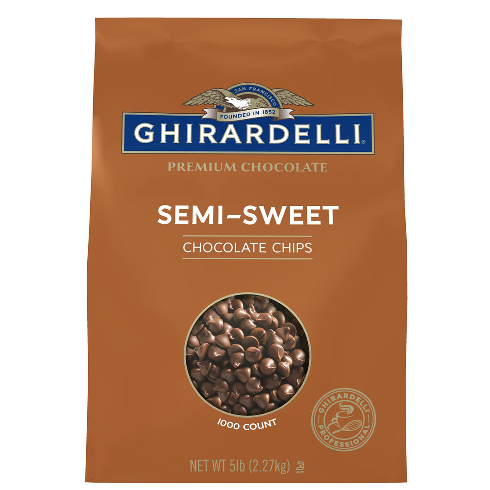 Ghirardelli semi-sweet chips on a baking sheet for dessert toppings