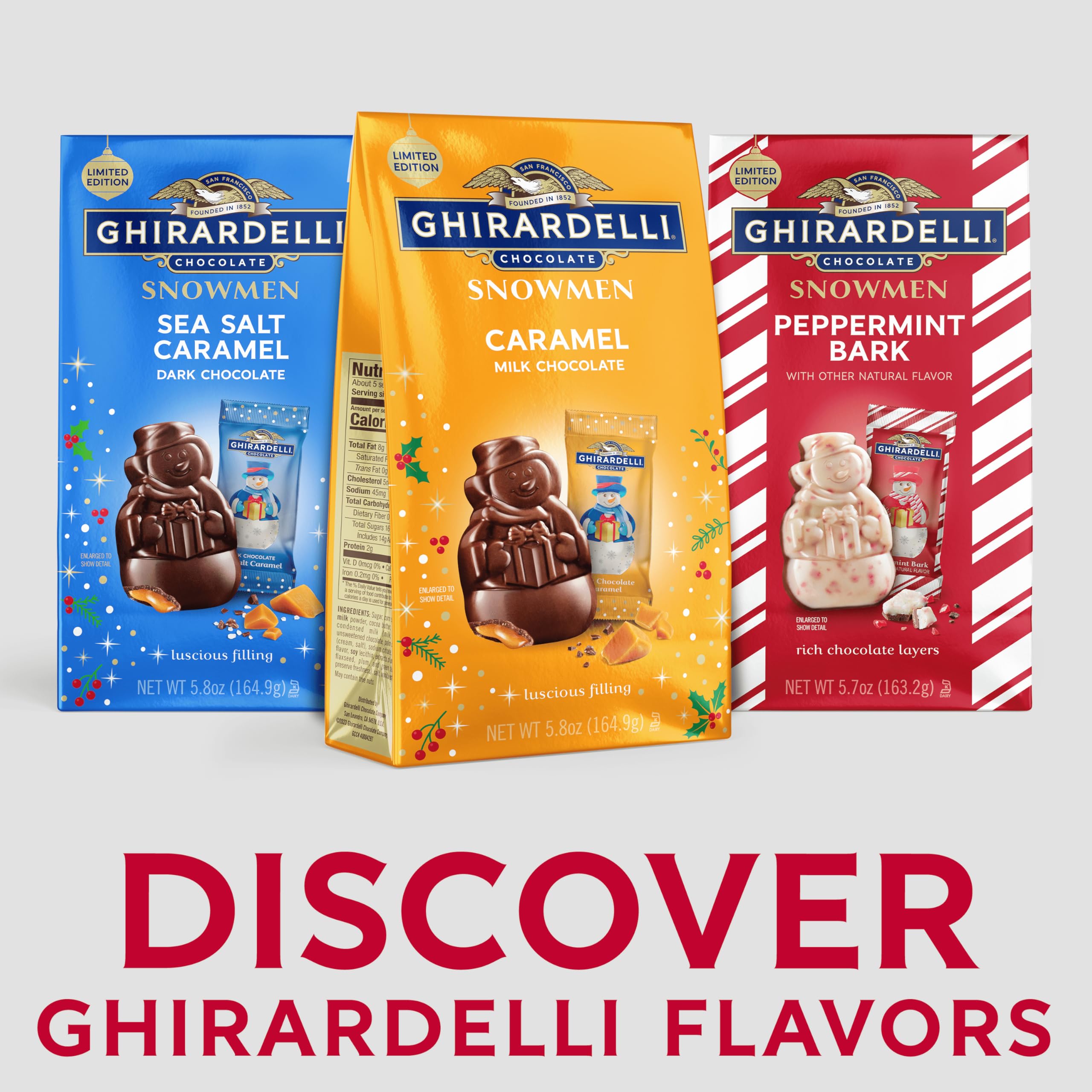 Ghirardelli wrapped snowmen close-up highlighting premium quality and sharing.