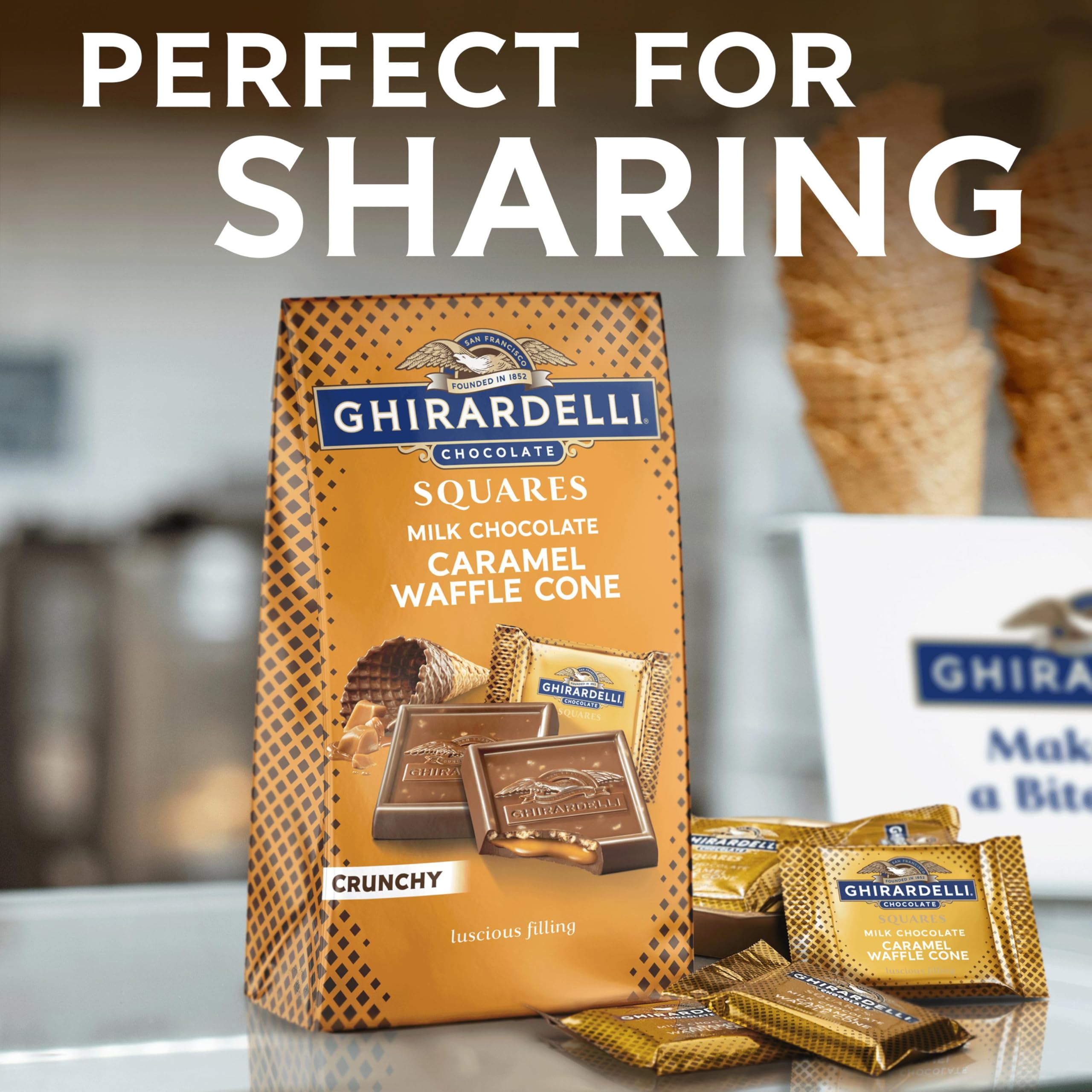 Ghirardelli squares add caramel and crunch to ice cream.