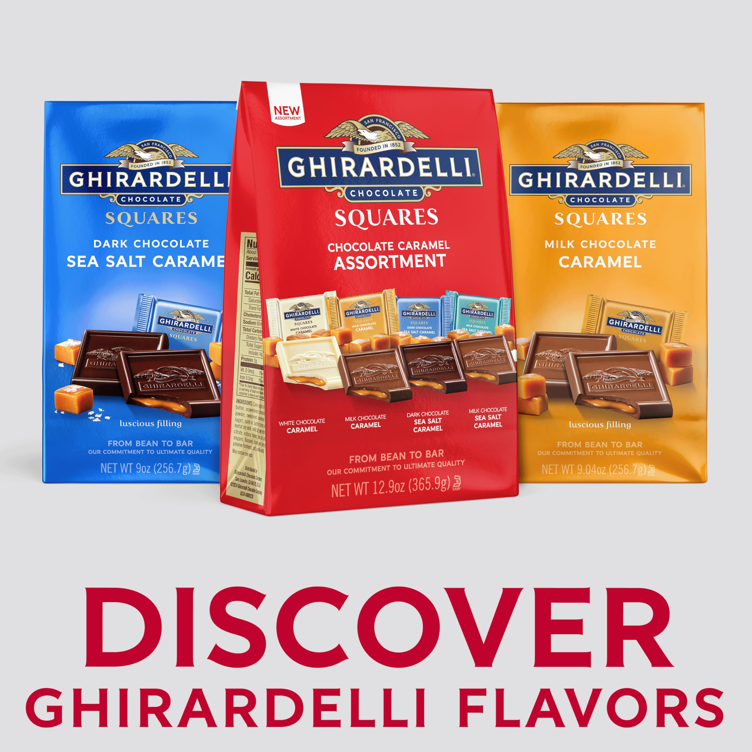 Ghirardelli squares arranged for gifting with premium packaging.