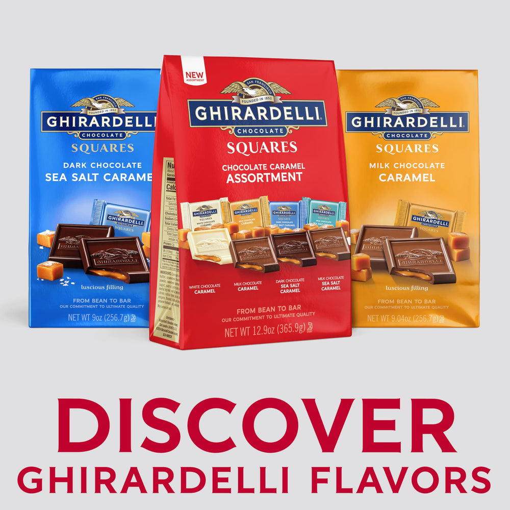 Ghirardelli squares arranged for gifting with premium packaging.