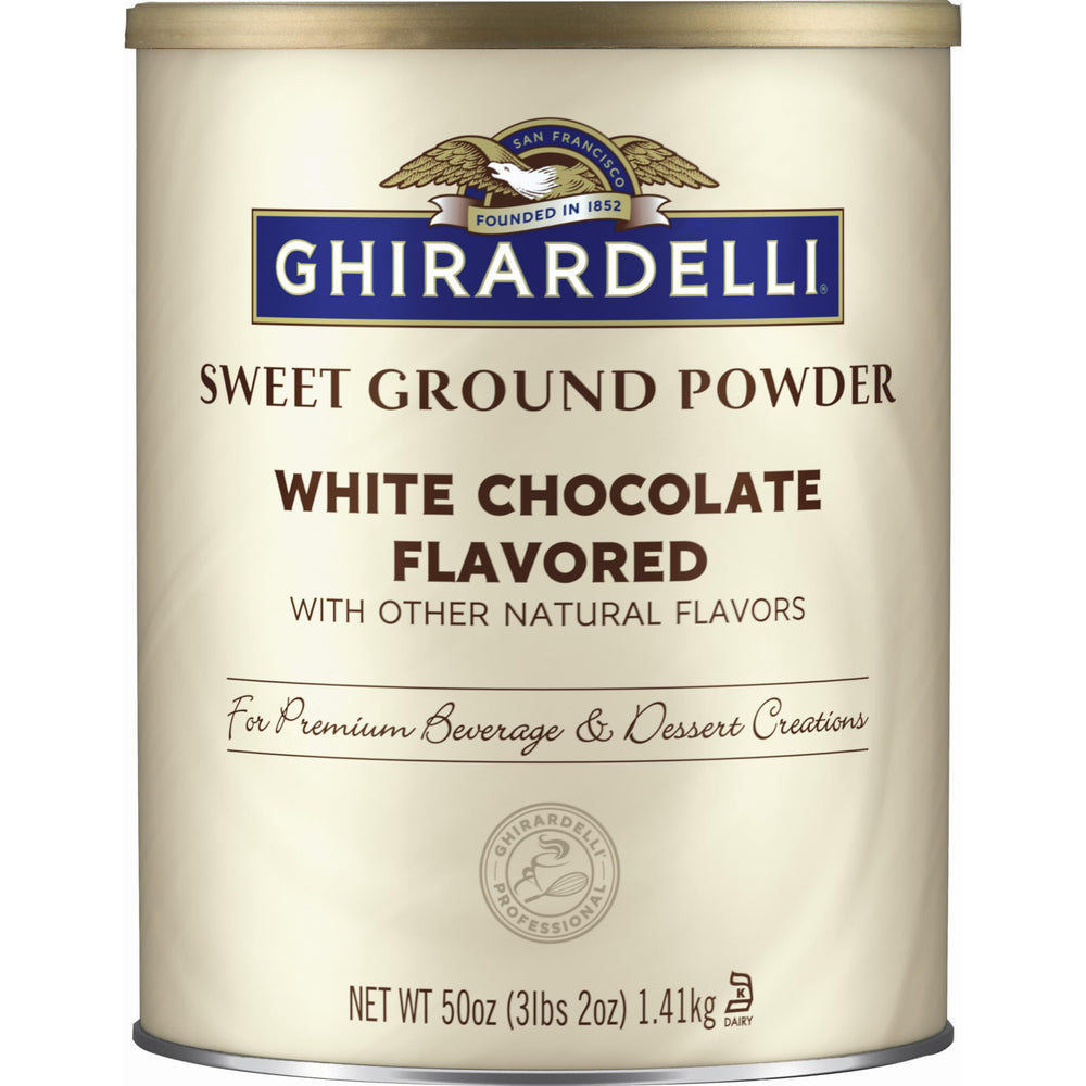 Ghirardelli Sweet Ground White Chocolate Flavor Powder canister for premium baking and beverages