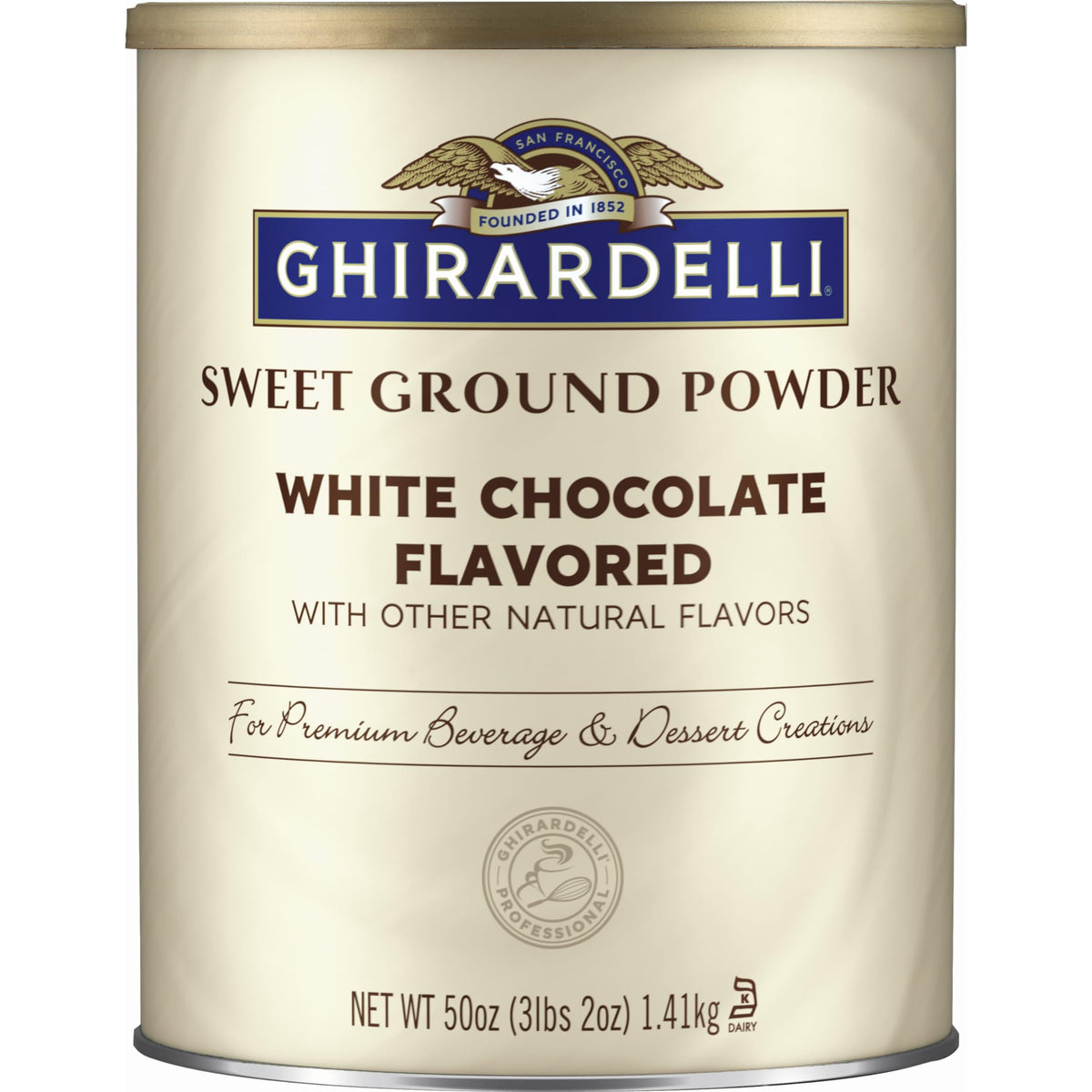 Ghirardelli Sweet Ground White Chocolate Flavor Powder canister for premium baking and beverages