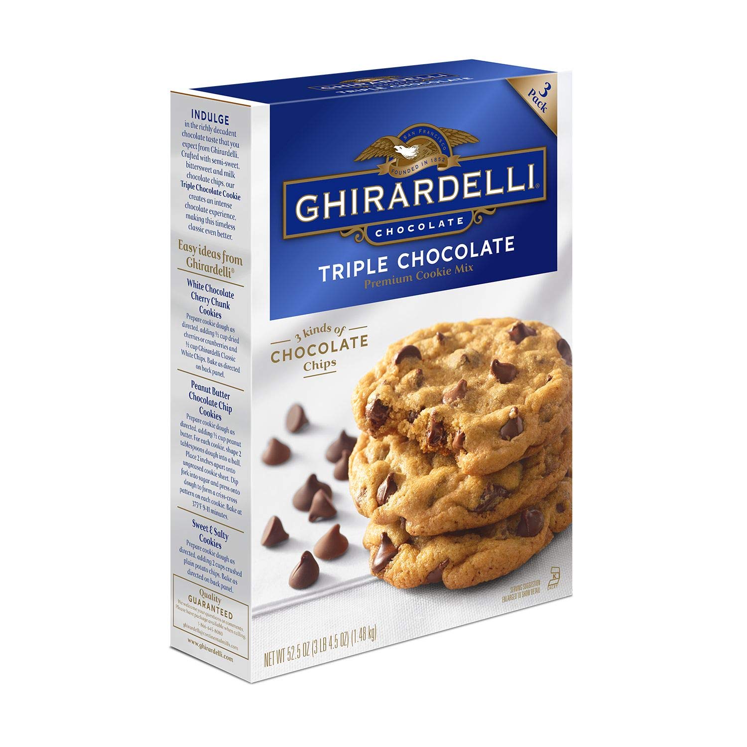 Ghirardelli Triple Chocolate Chip Cookie Mix 3-pack image, easy-to-bake cookies with rich chocolate flavor.