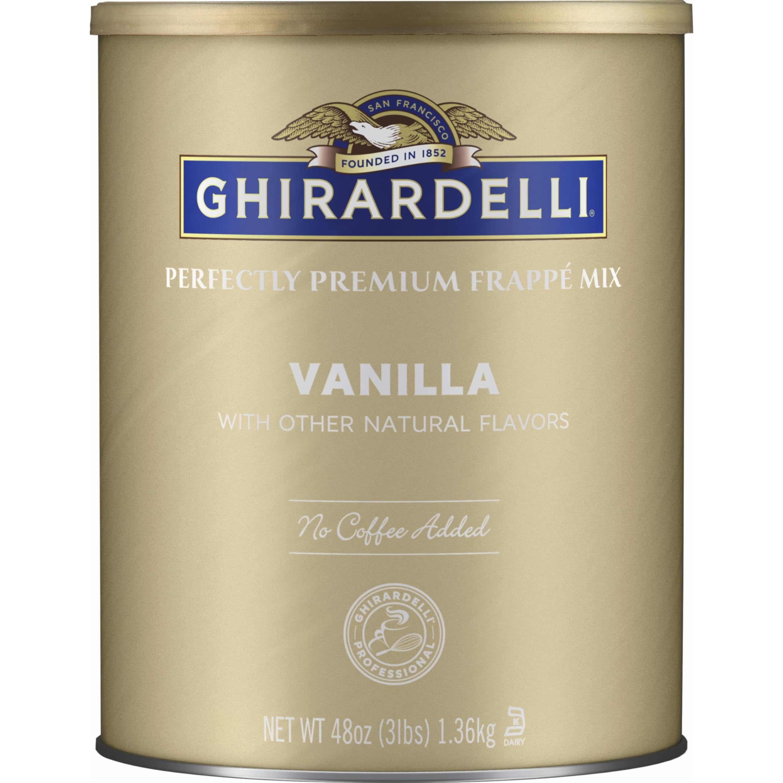 Ghirardelli Vanilla Frappé Mix packaging on shelf, ideal for at-home cafe drinks.