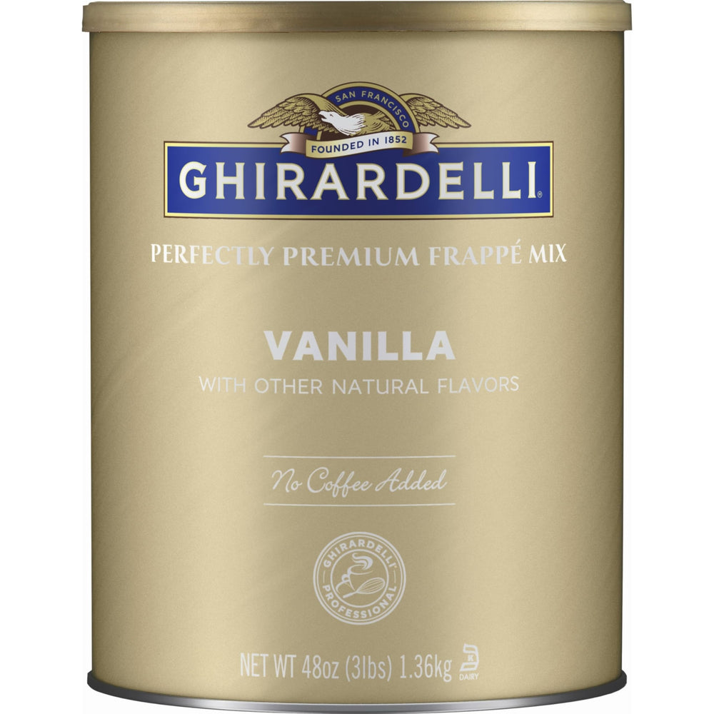 Ghirardelli Vanilla Frappé Mix packaging on shelf, ideal for at-home cafe drinks.