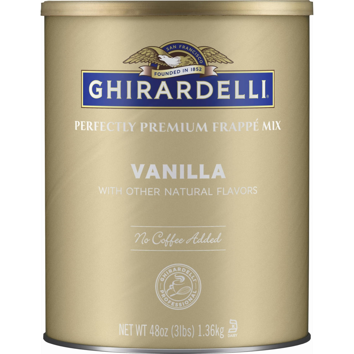Ghirardelli Vanilla Frappé Mix packaging on shelf, ideal for at-home cafe drinks.