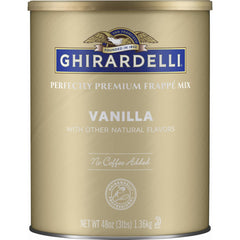 Ghirardelli Vanilla Frappé Mix packaging on shelf, ideal for at-home cafe drinks.