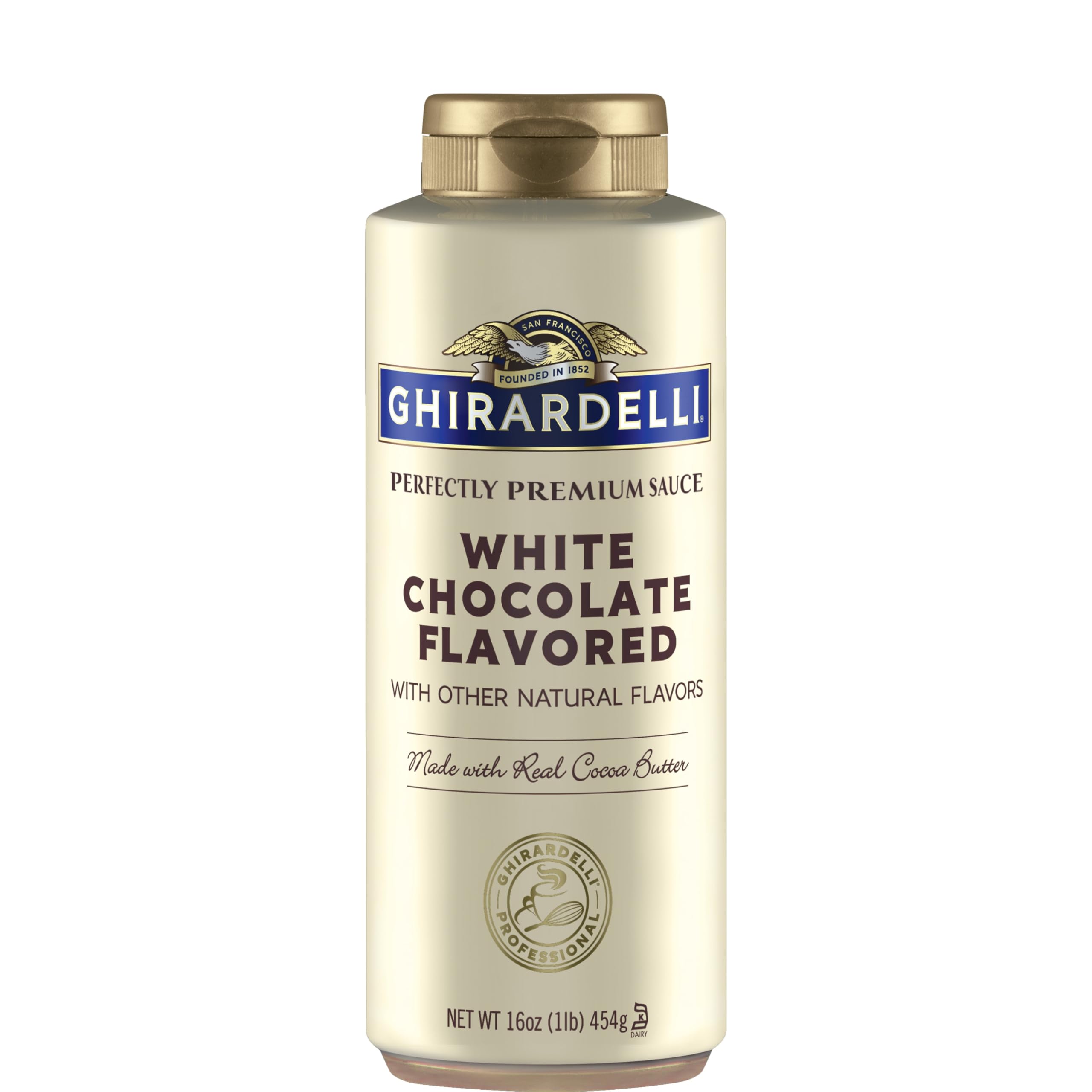 Ghirardelli white chocolate sauce bottle front view for rich coffee enhancements.
