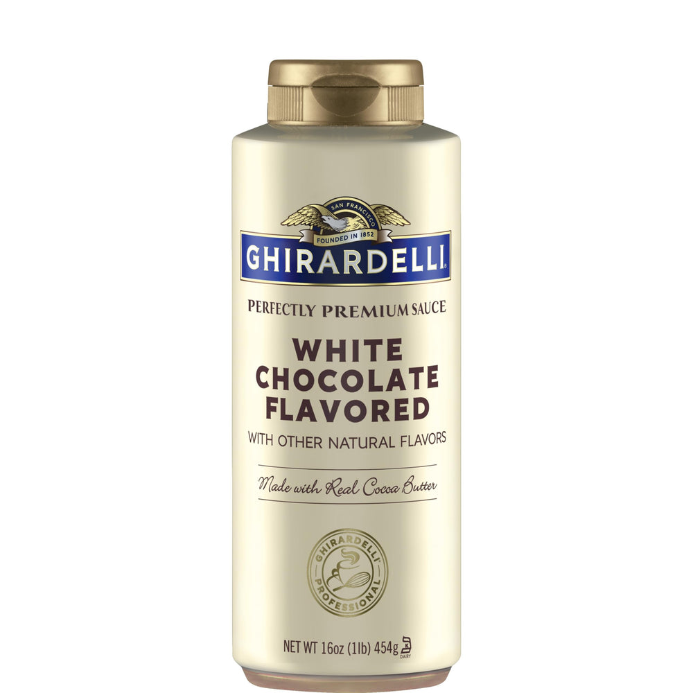 Ghirardelli white chocolate sauce bottle front view for rich coffee enhancements.