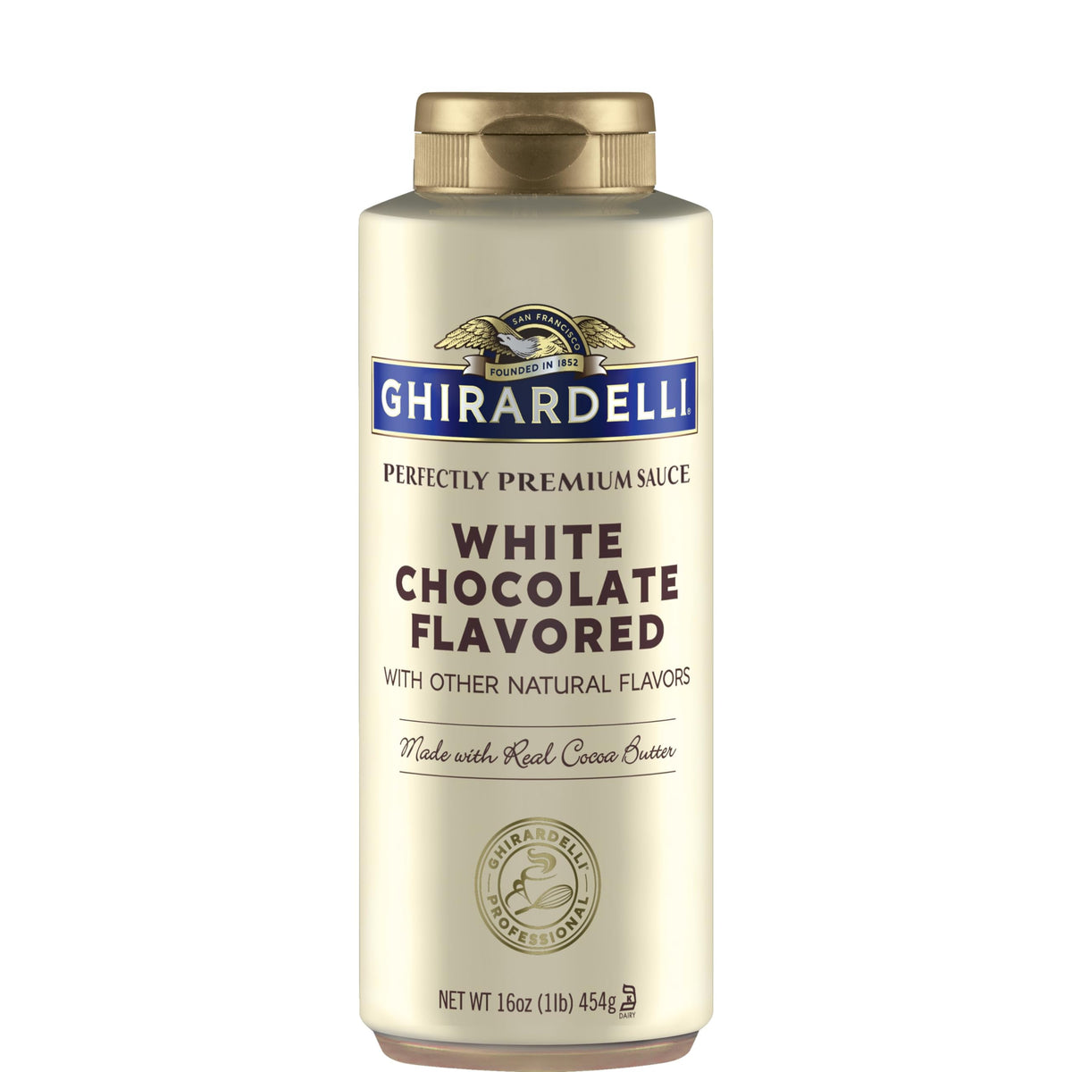 Ghirardelli white chocolate sauce bottle front view for rich coffee enhancements.