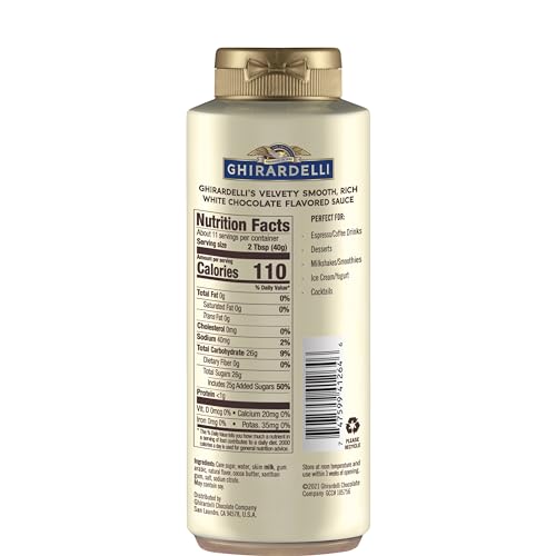 Ghirardelli white chocolate sauce bottle pour shows smooth stream for hot or cold drinks.