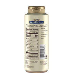 Ghirardelli white chocolate sauce bottle pour shows smooth stream for hot or cold drinks.