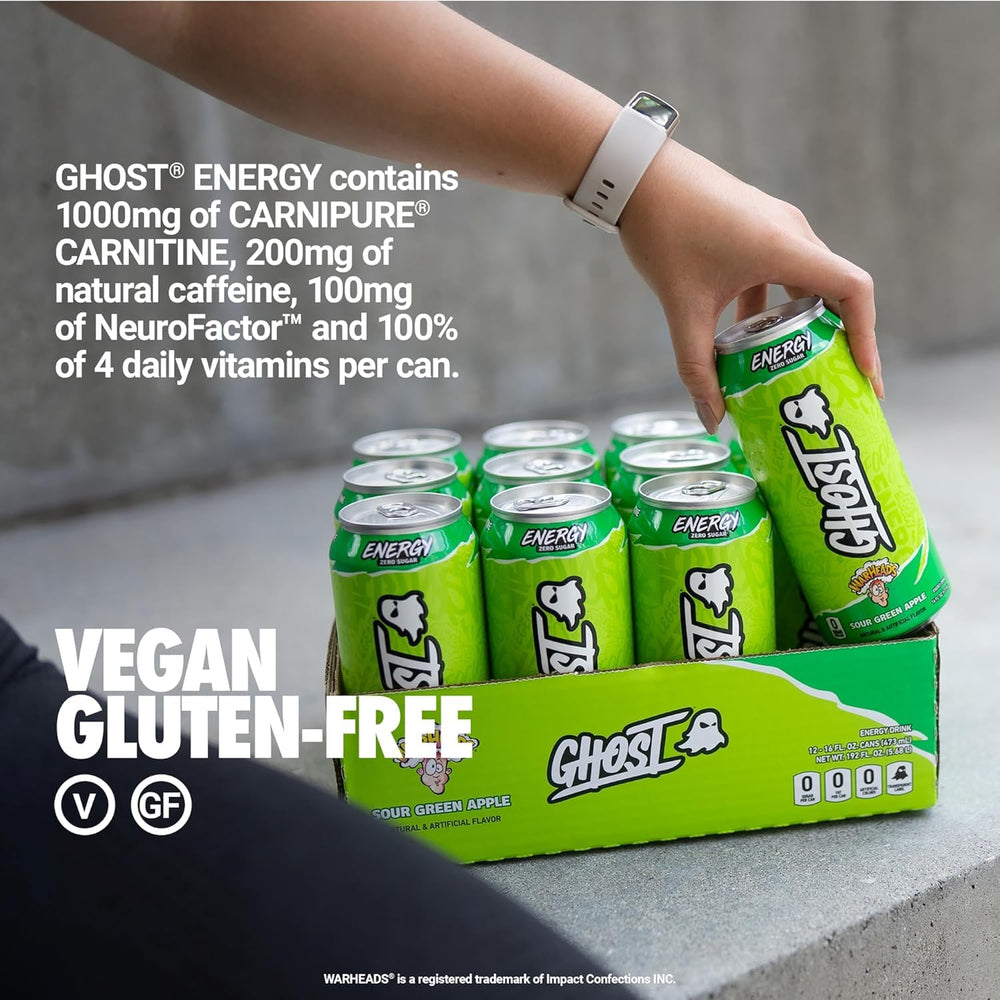12-pack case of GHOST Energy on a store shelf