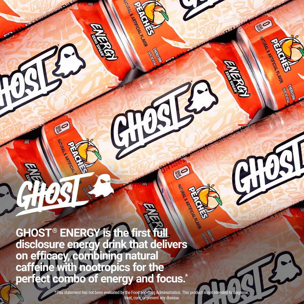 GHOST Energy Peach flavor can inspire focus during study or workouts.
