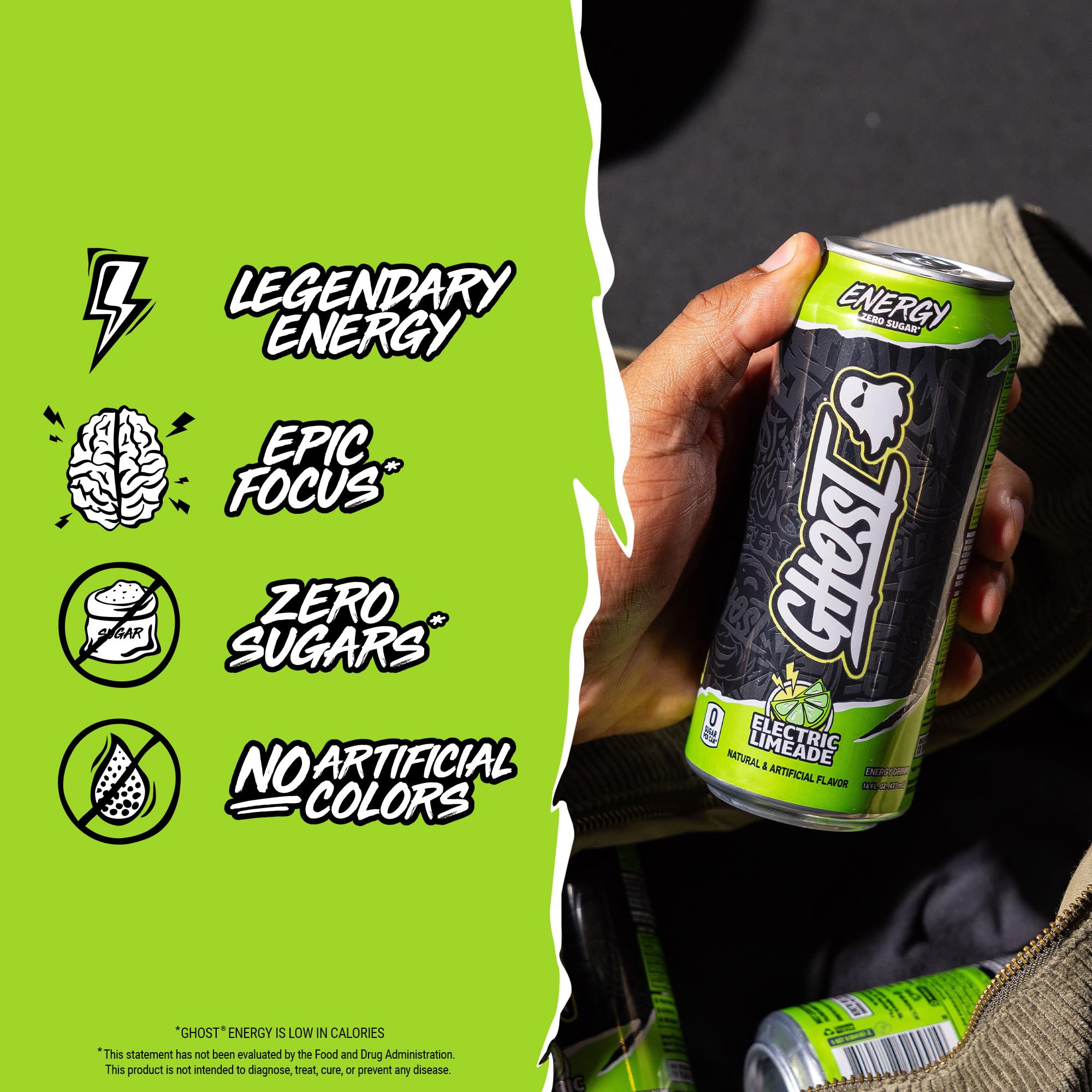 GHOST Energy 12-pack display highlighting vegan and gluten-free claims
